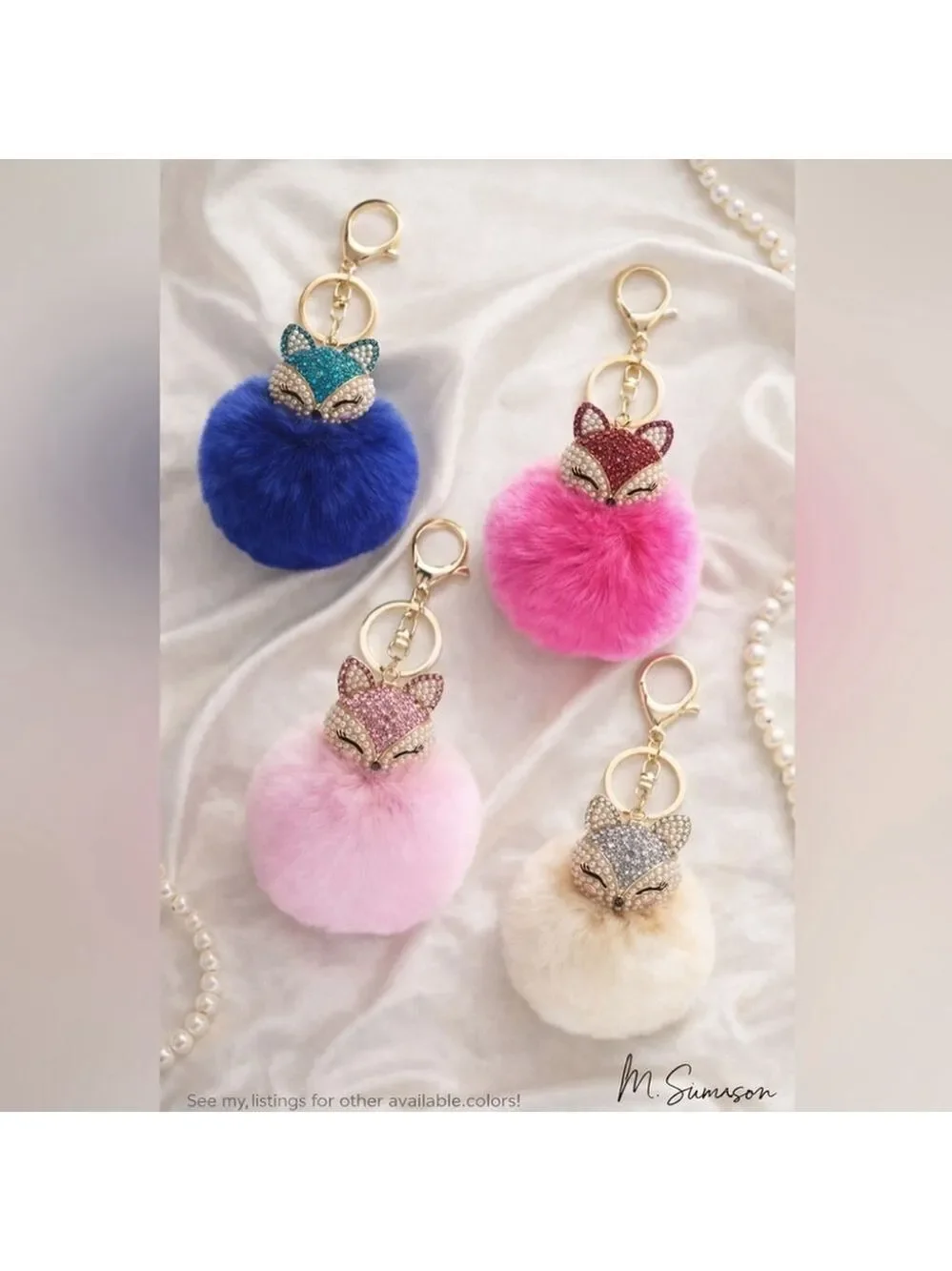 NEW Fluffy Fox Bag Charm Keychain - Cream - Pearl & Rhinestone Pom Accessory NWT